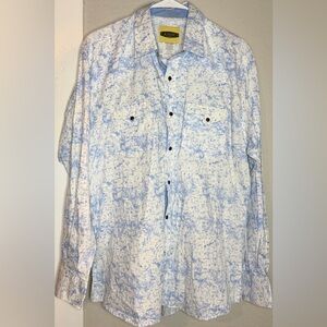 Vintage Arre White Blue Splatter Print Long sleeved button shirt Men Large